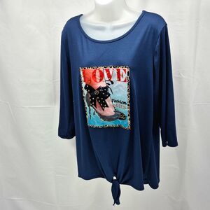 Love Scarlett "Fashion Queen" Graphic Top Navy Blue Ribbed Tie-Front Woman's 1X